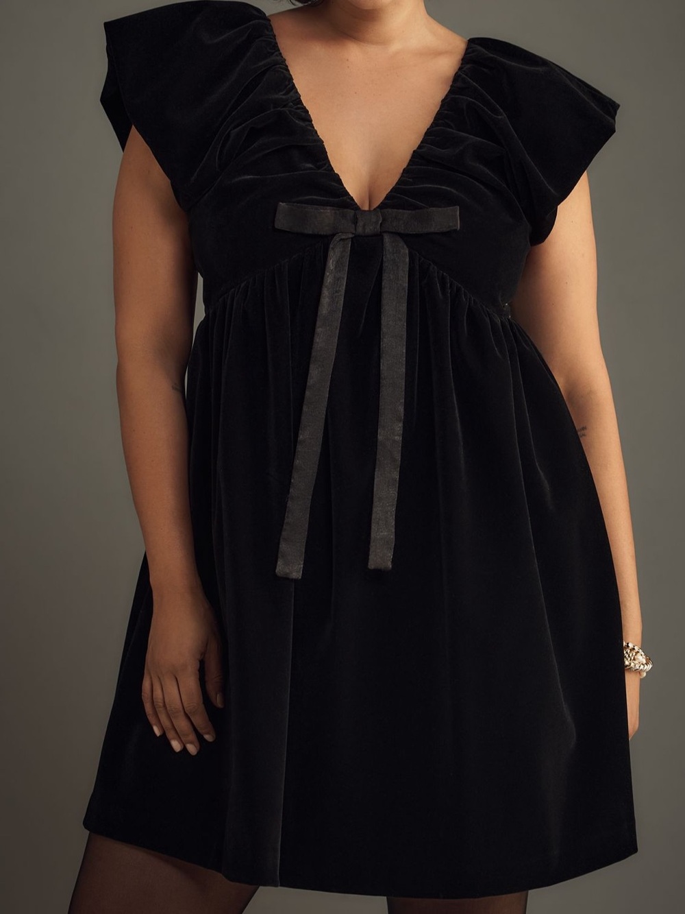 Endless Rose Black Velvet V-Neck Mini Dress with Bow Detail-Anthropologie